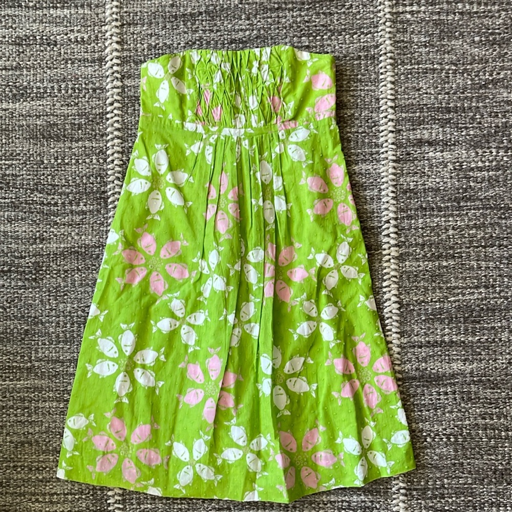 Lily Pulitzer strapless cotton dress, sz 0, green/pink/white